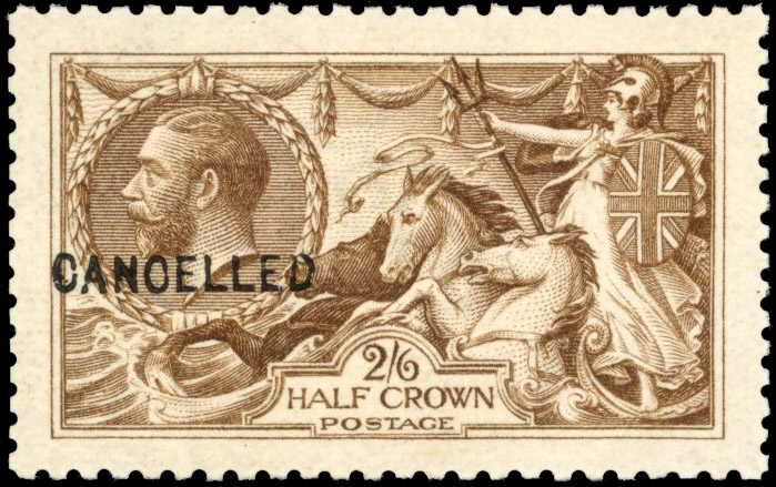 Great Britain 1915 DLR 2s6d yellow-brown, optd "CANCELLED", SG 406var