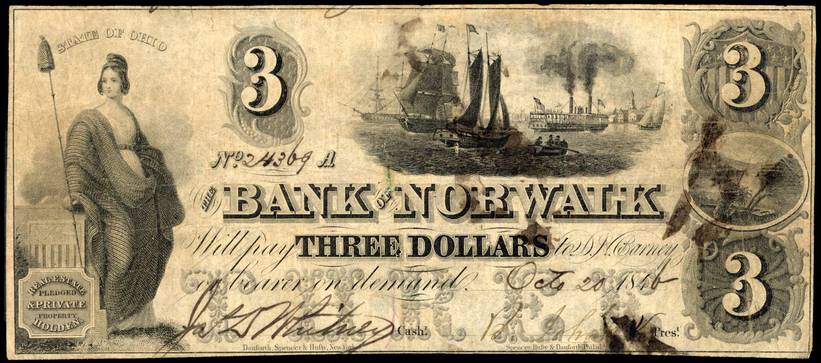 USA, OH. Norwalk, Bank of Norwalk, Uniface Three dollars, 20 Oct. 1846. Good Fine, some pin holes and ink splo…