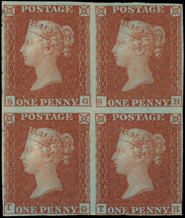 1841 red-brown, plate 101 (SG-TH), block of four with close to good margins, large part og