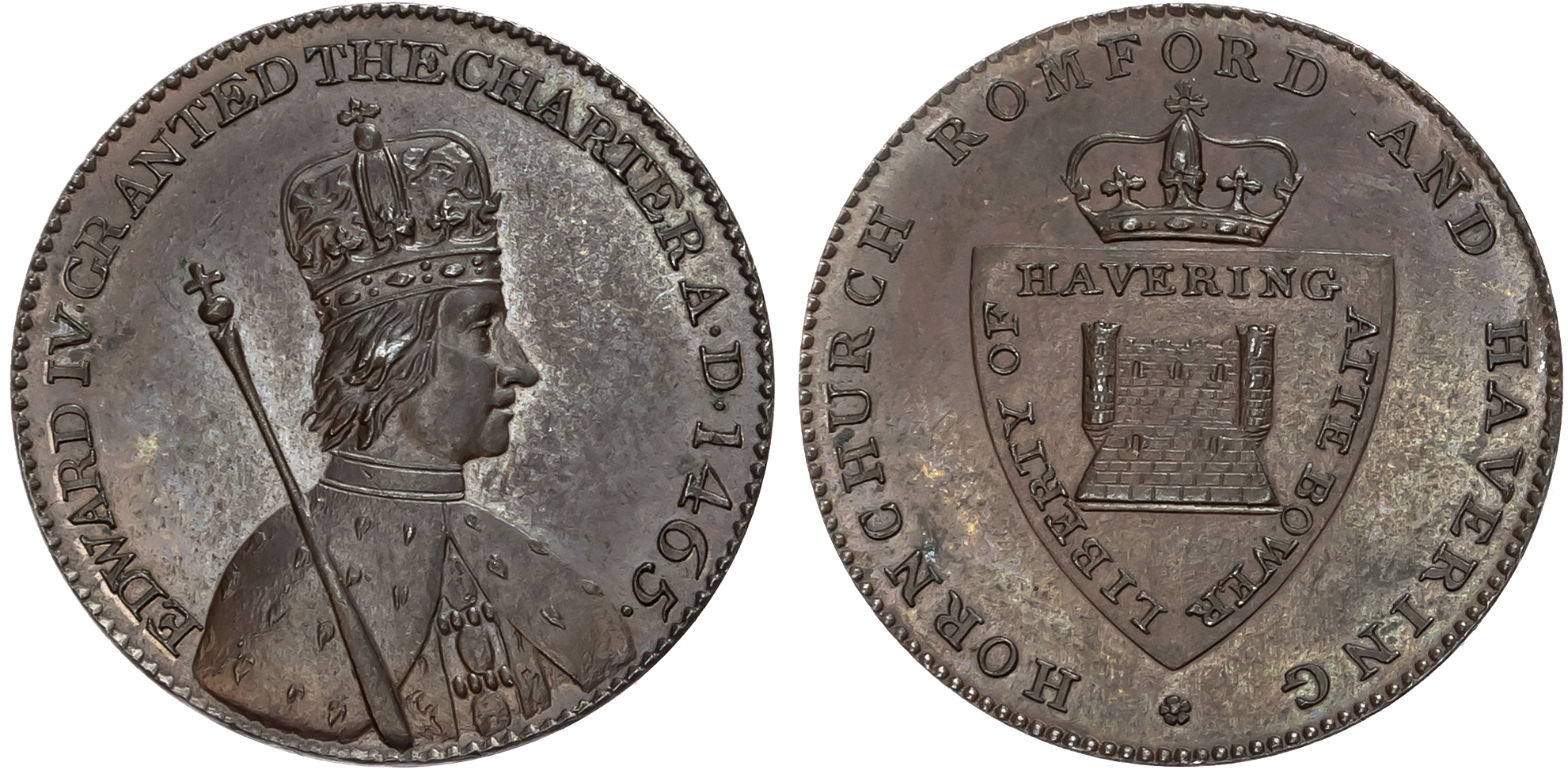Essex. Hornchurch, Romford & Havering , George Cotton (profession) Halfpenny, crowned bust of Edward IV, rev. crowned ar …