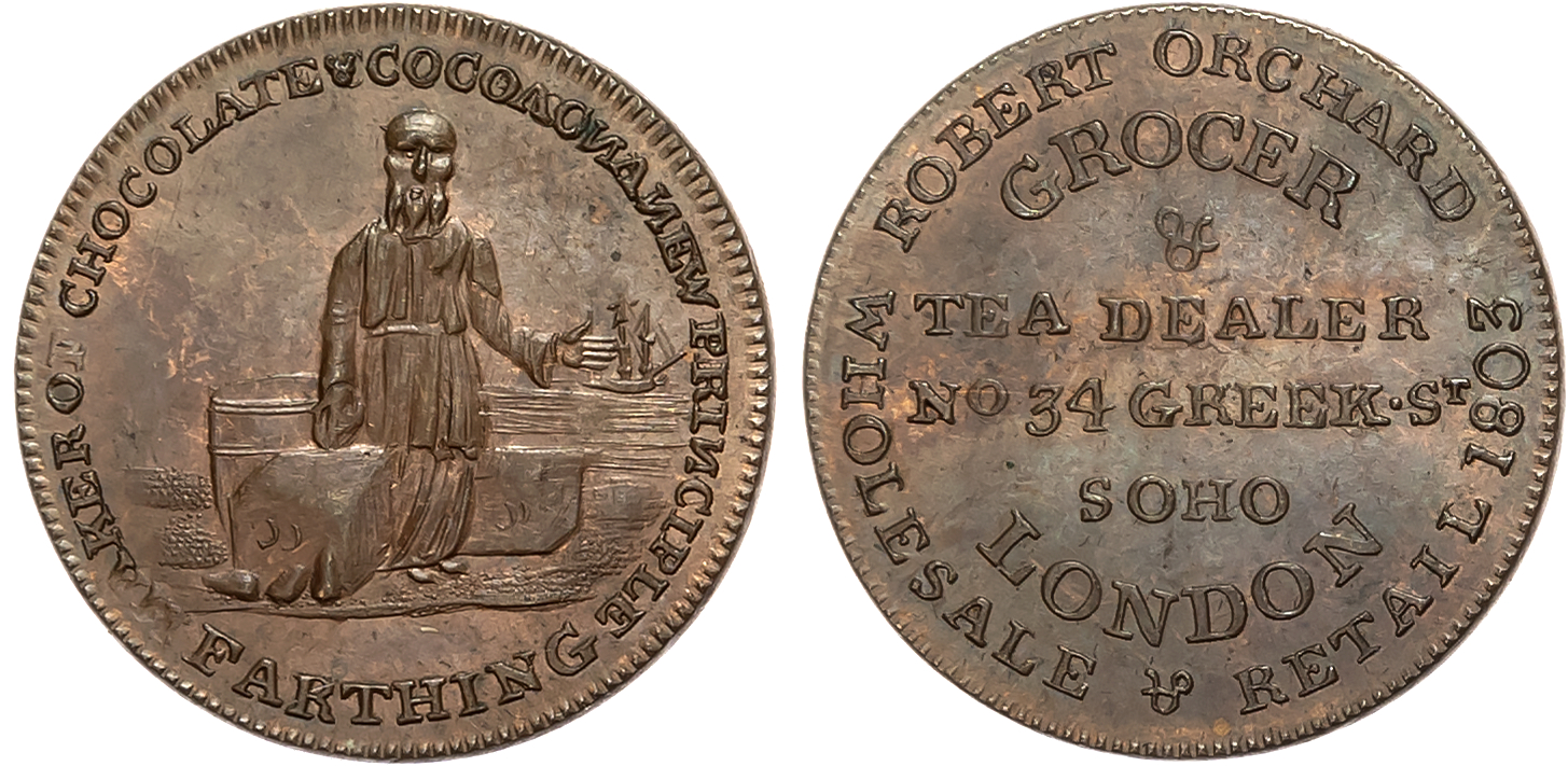 London, Soho , Robert Orchard Farthing 1803, Oriental man standing on a shore, surrounded by a barrel two chests and sug …