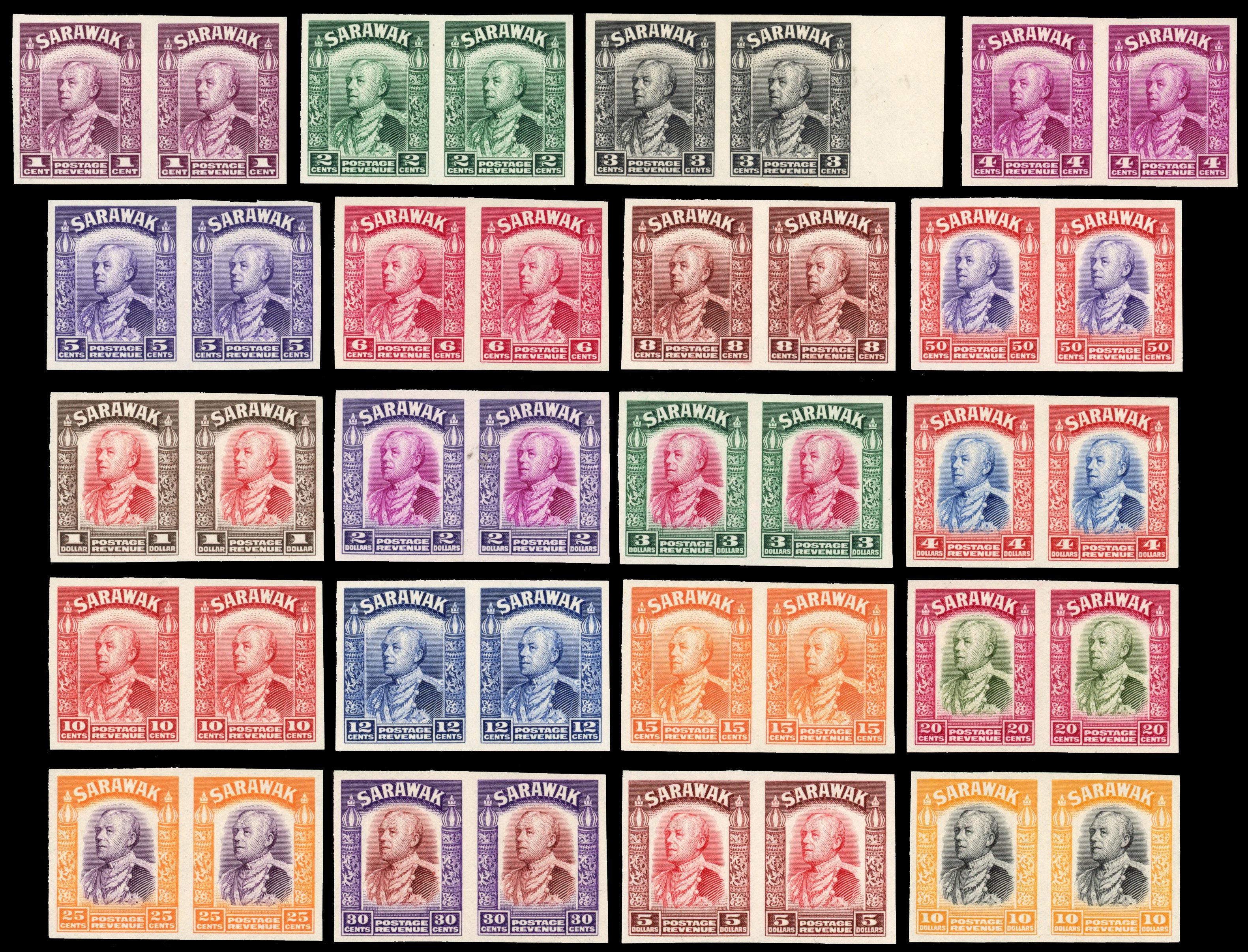 Sarawak SG 106/25 1934 original set in imperforate Plate Proof pairs mint