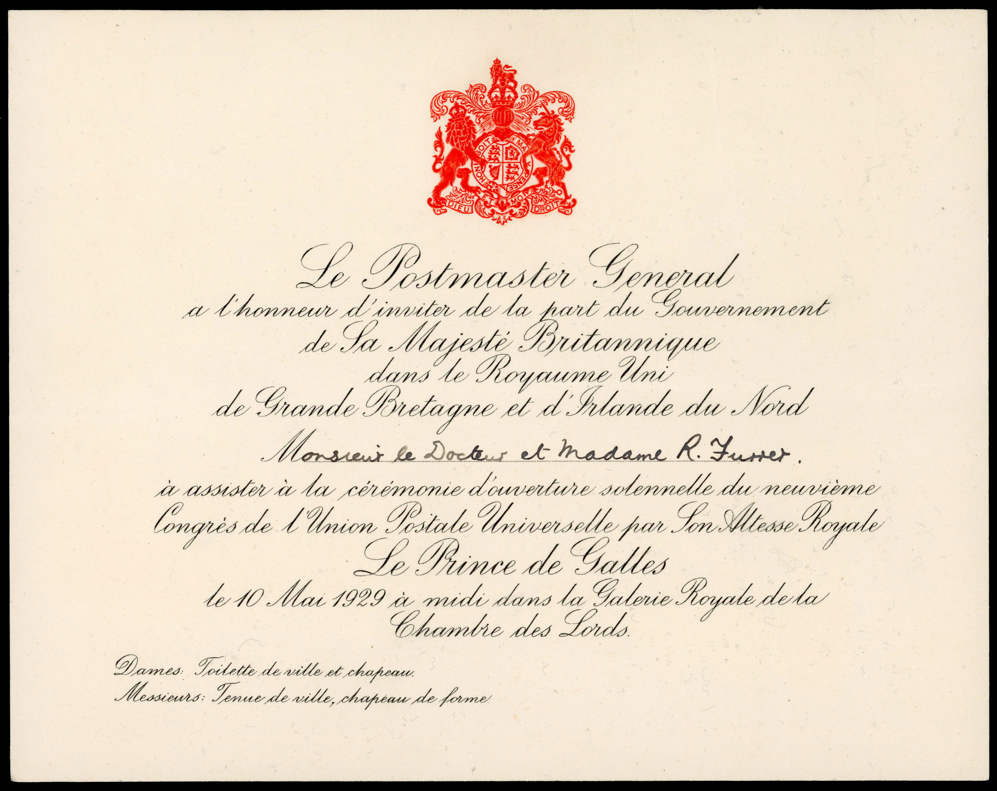 1929 Postal Union Congress. Invitation card from the Postmaster General and map