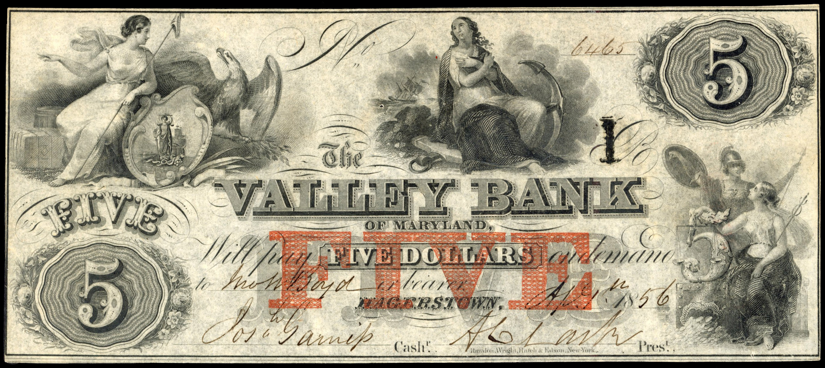 USA, MD. Hagerstown, The Valley Bank Uniface Five Dollars, 9 Apr. 1856. One pin hole, otherwise Extremely Fine…