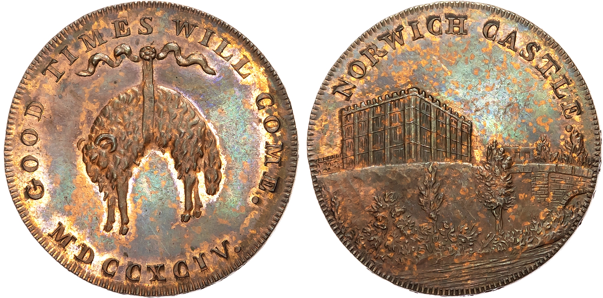 Norf.  Norwich , Richard Bacon (printer & stationer) Halfpenny 1794, View of Norwich castle, rev. Hanging fleece, edge R …