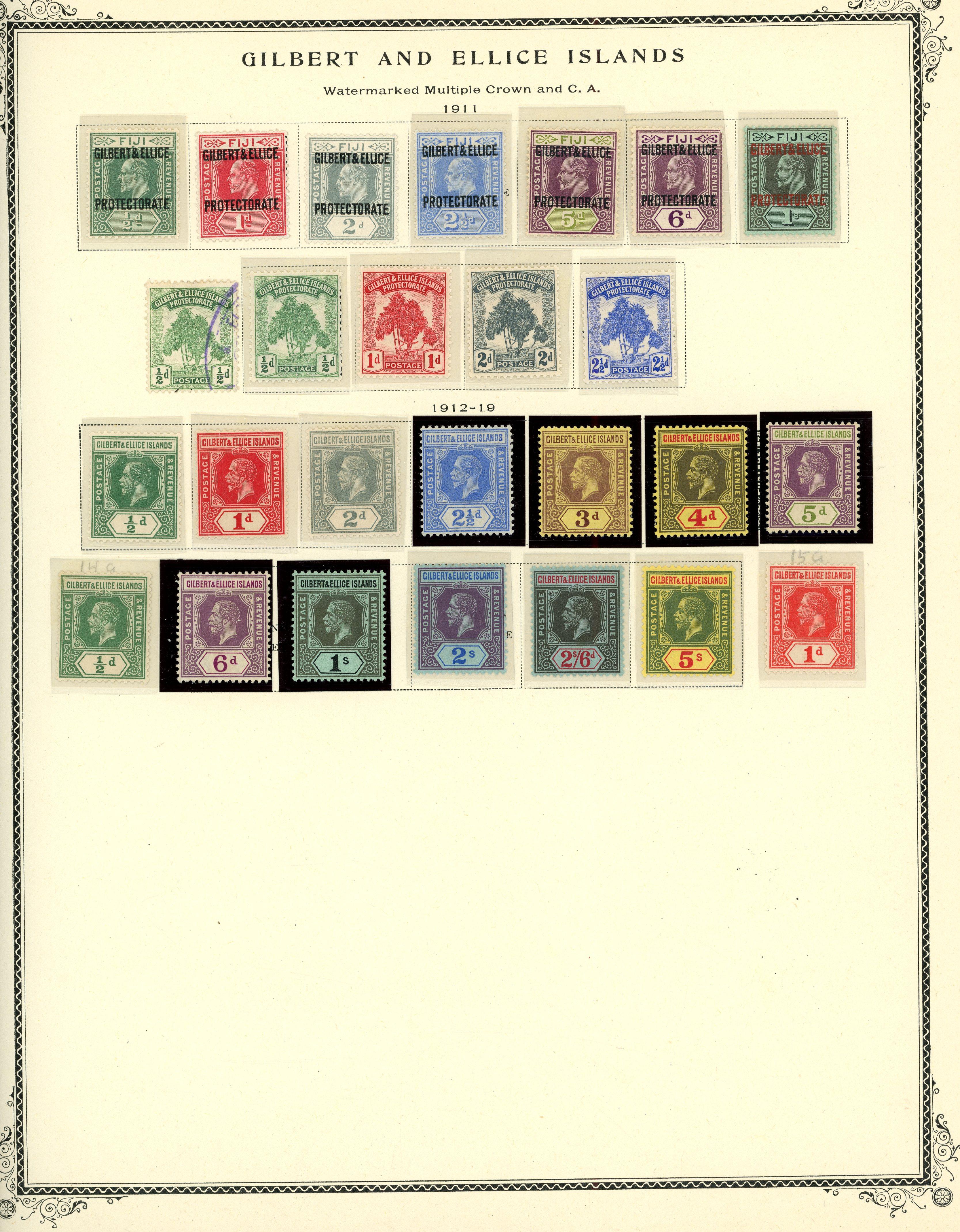 GILBERT AND ELLICE IS: Mint on album leaves including 1911 to 1s, 1912 to 5s, 1922 to 10s, 1939 to 5s, 1940 dues to 1s6d etc,
