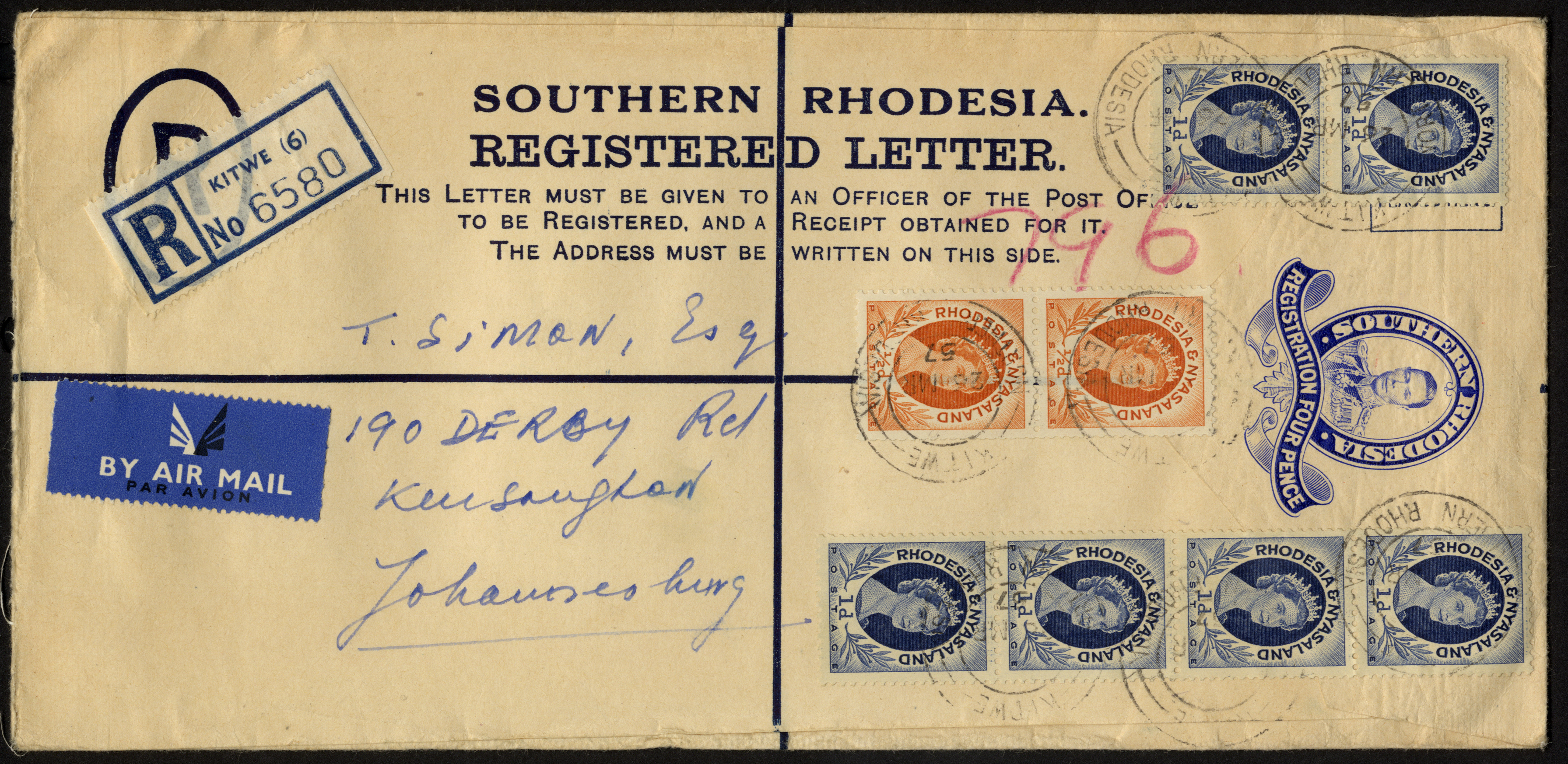 1957 use of KG VI 4d registered postal stationery envelope from Sam Kelly at Kitwe to Johannesburg (220 x 107mm) uprated...
