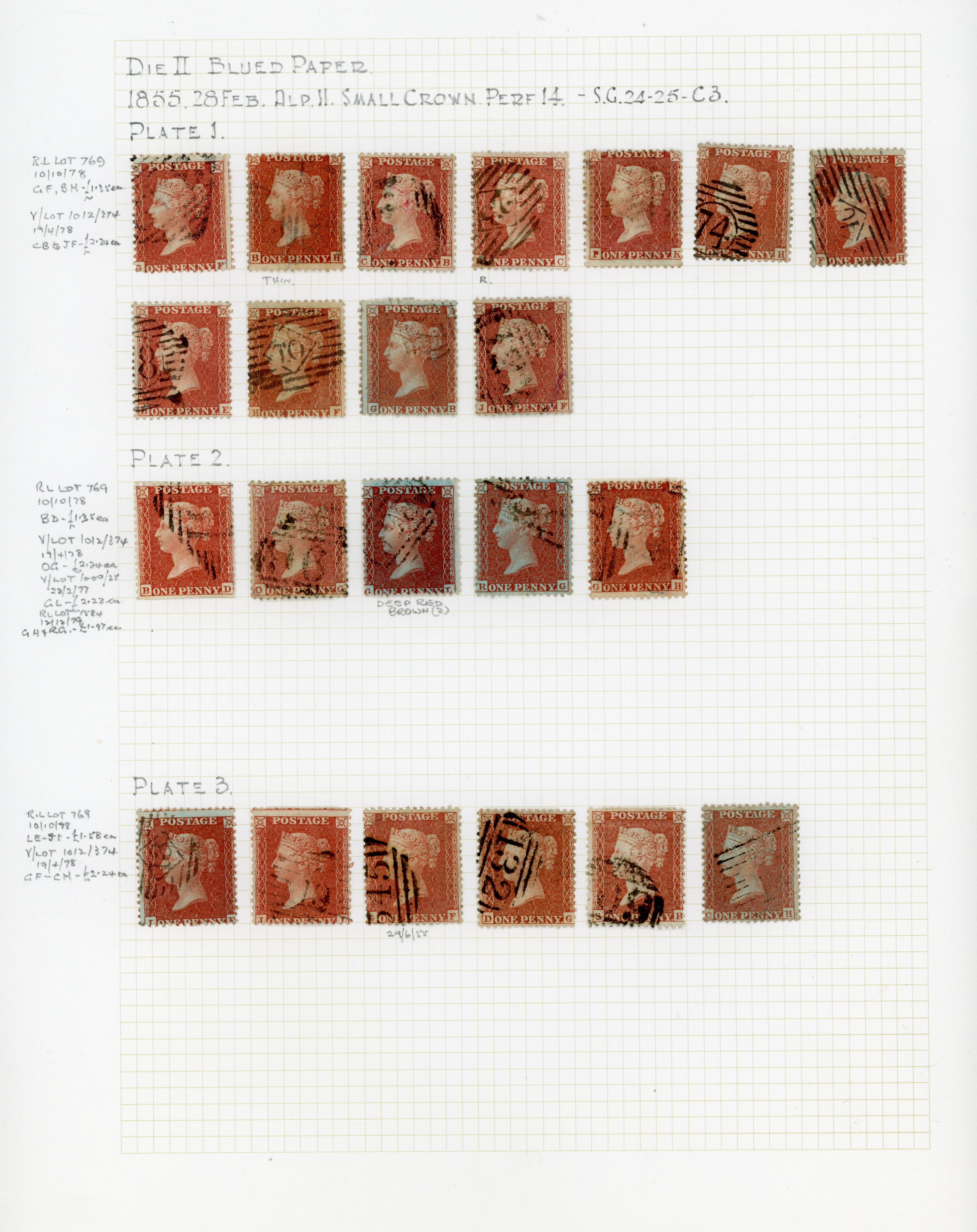 GB 1855 1d red-brown C3 plated collection used