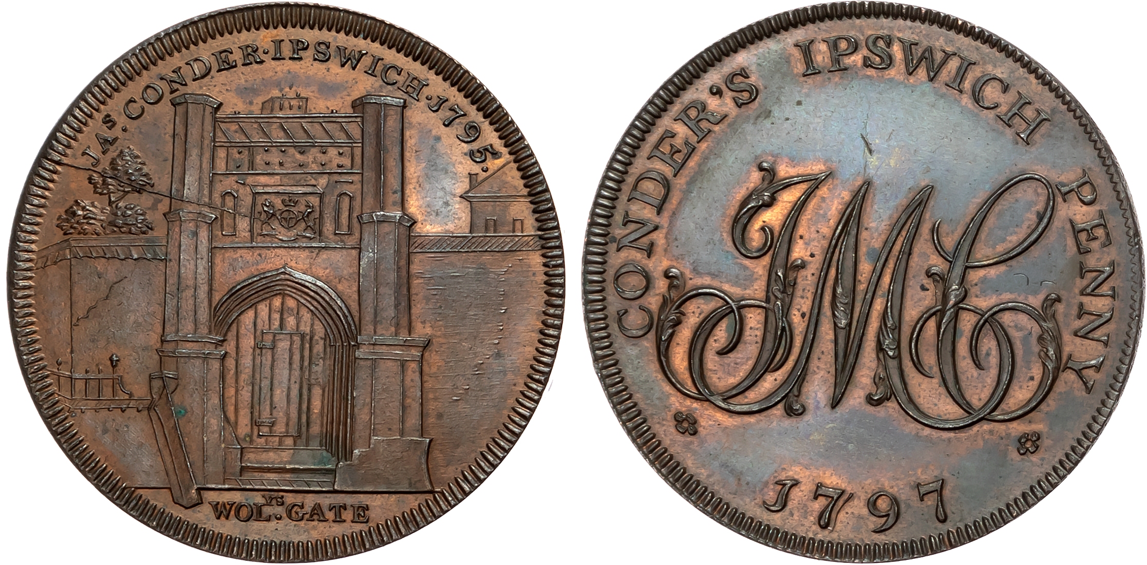 Suff. Ipswich, James Conder Penny 1797, View of Wolsey’s Gate, rev . JMC cypher, edge plain, 32.2mm/17.36gm. (DH 14). Go …