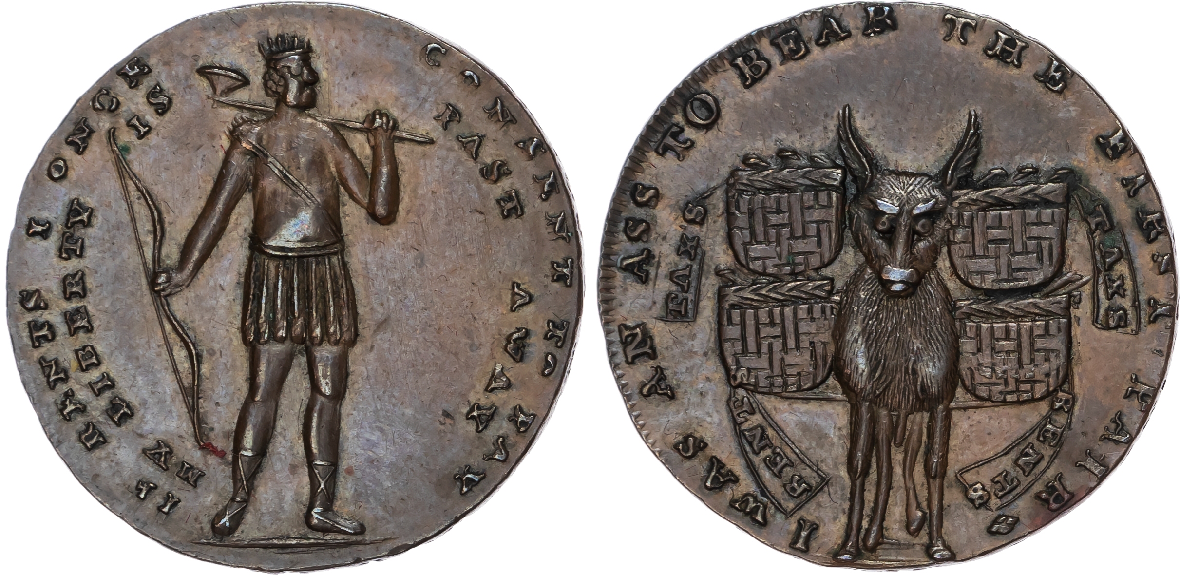London, Holborn, Thomas Spence Halfpenny undated, An ass overladen with paniers of rents and taxes, rev. An Am…