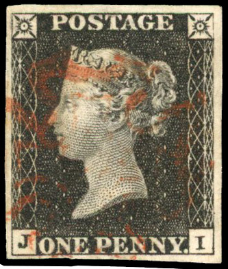 GB: 1840 1d black, Plate 7, (JI), four margins, red MC SG 2