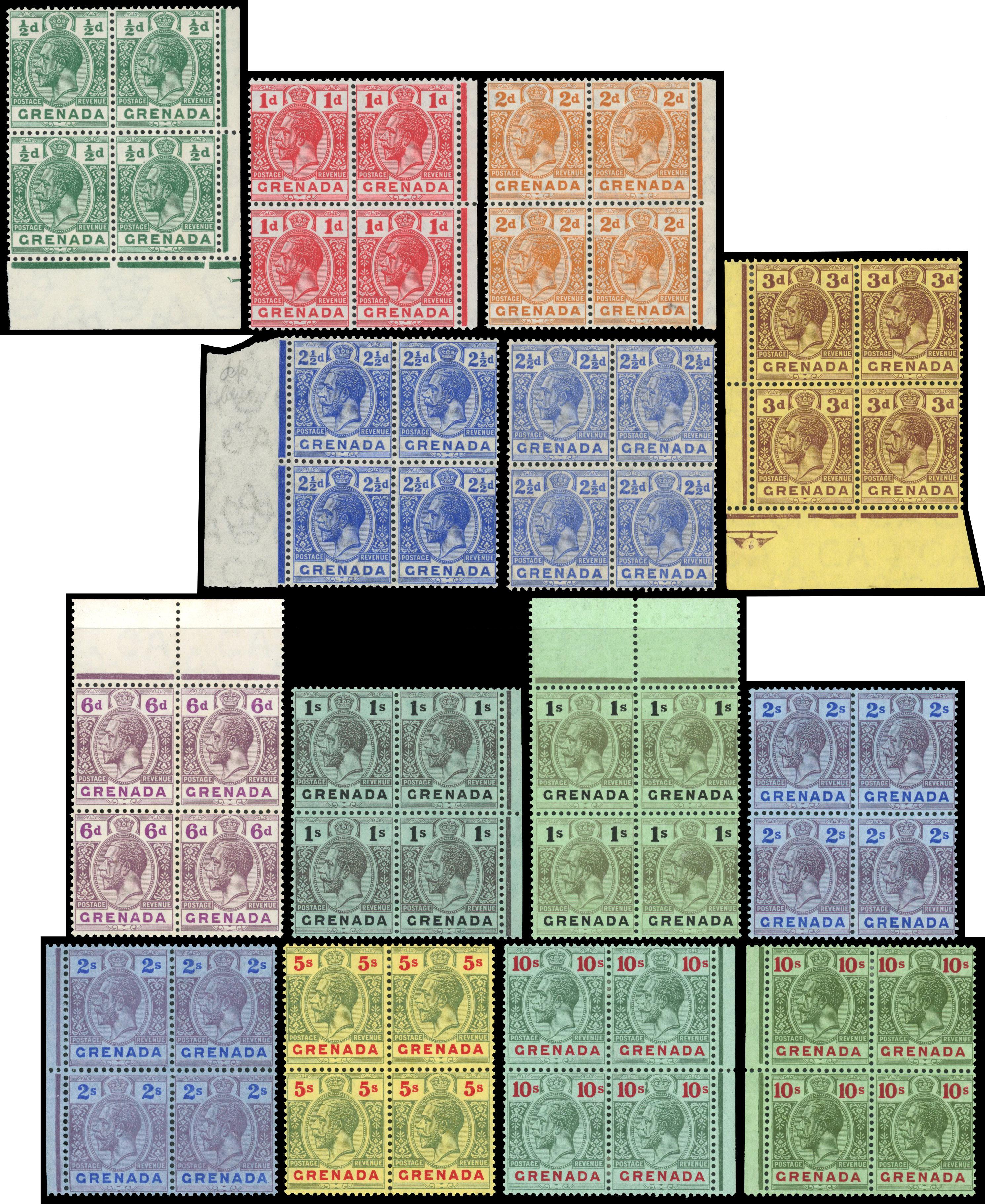 Grenada 1913-22 set to 10s (both) as blocks of 4