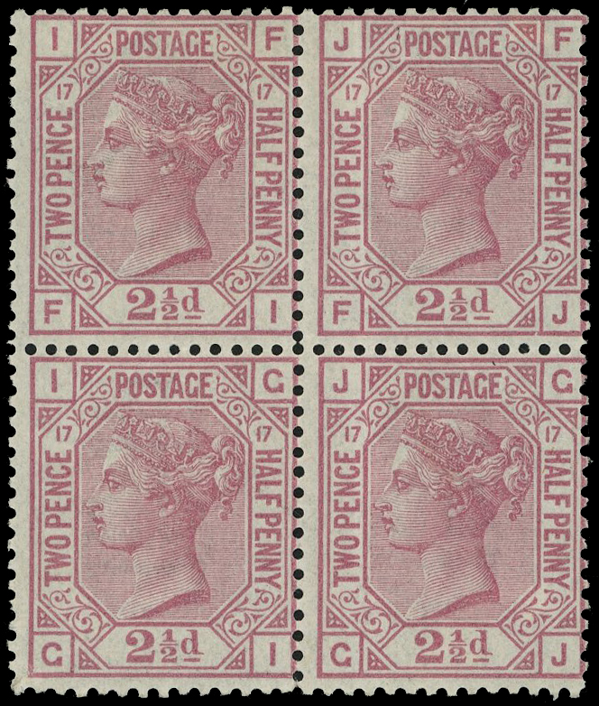 1873-80 Wmk Orb, 2½d rosy mauve, Plate 17 (FI-GJ), block of four, large part og