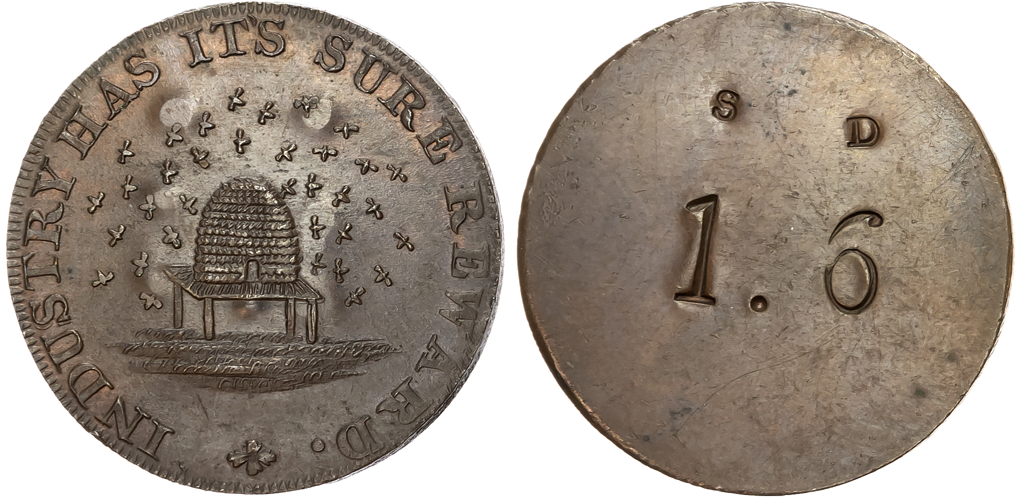 Warks. Birmingham , Workhouse Eighteenpence (late 1790s), Beehive and bees, INDUSTRY HAS ITS SURE REWARD around, rev. va …