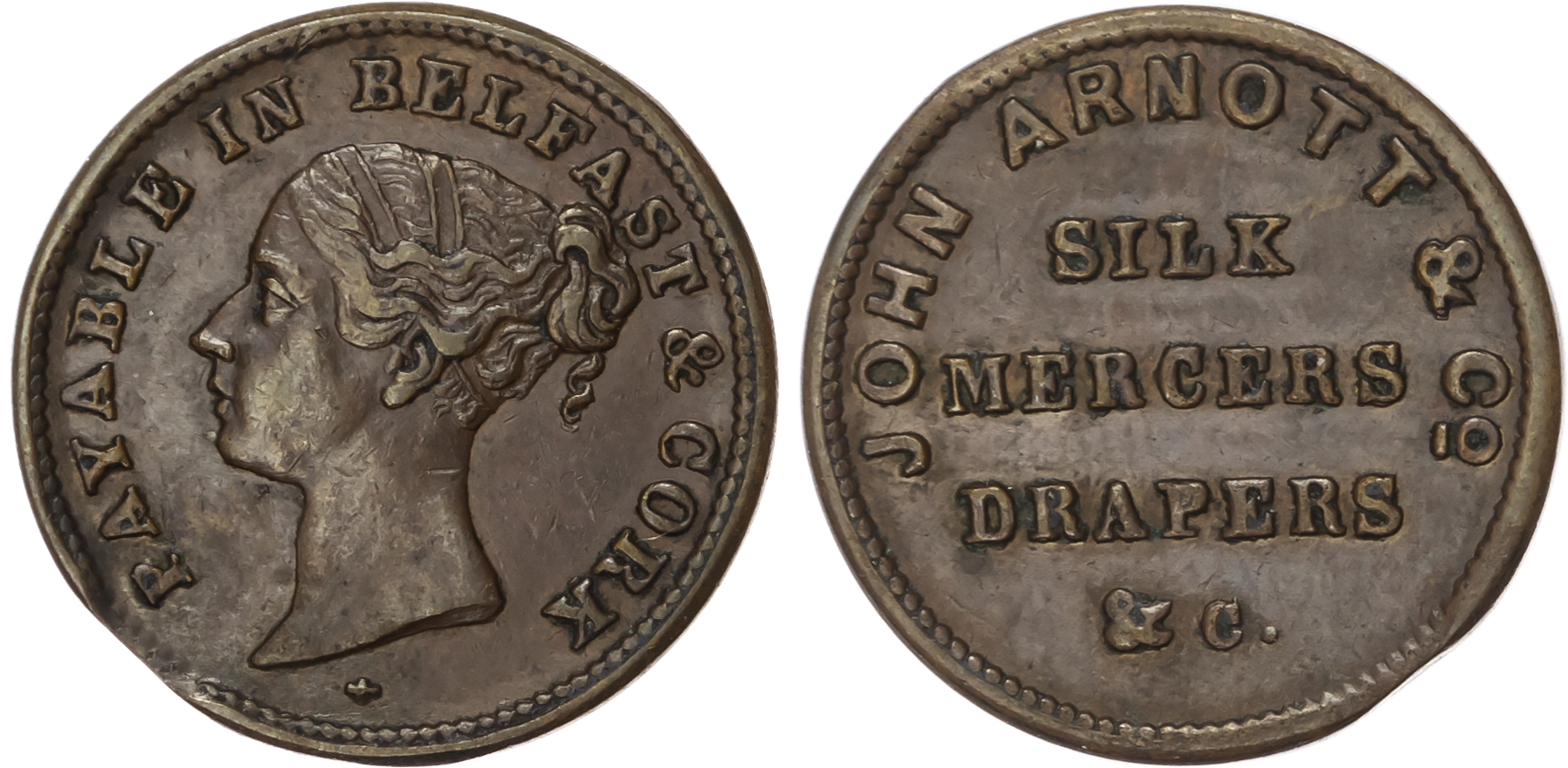 Belfast, John Arnott & Co. (silk mercer, haberdasher) farthing (1840s) two-line legend/three-line legend, 7&.9…