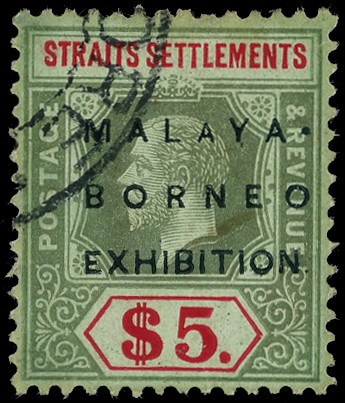 1922 Malaya-Borneo $5 watermark MCA, small second 'A' in MALAYA, corner Singapore CDS. Slight colour loss, still...