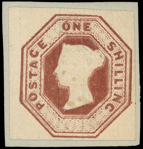 1847 1s Embossed. Very fine unused essay without pendant curl printed in brown on silk thread paper. Mounted on small pi…