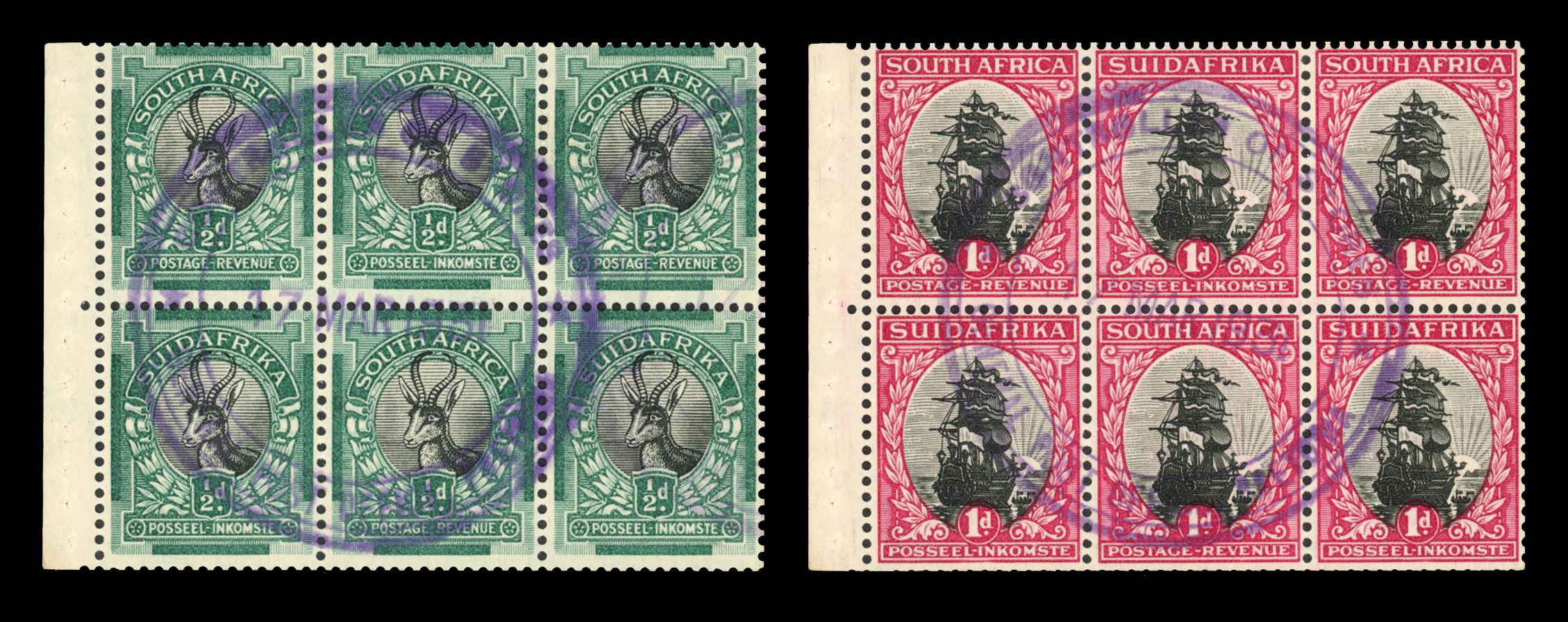 South Africa SG 30e, 31e 1927 panes with Controller of Stores handstamps