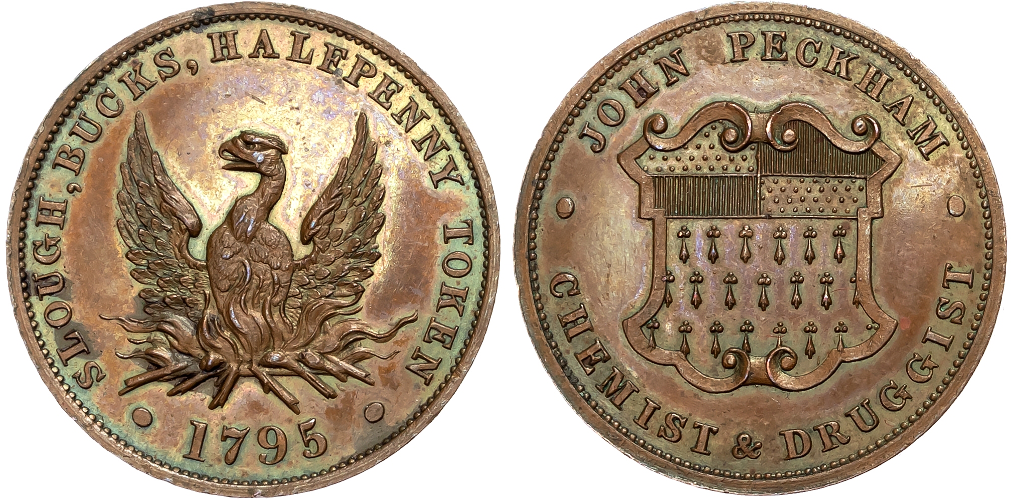 Bucks . Slough, John Peckham Halfpenny 1795, Shield of Arms, Chemist & Druggist, rev. Phoenix, edge plain, 29.2mm/11.97g …