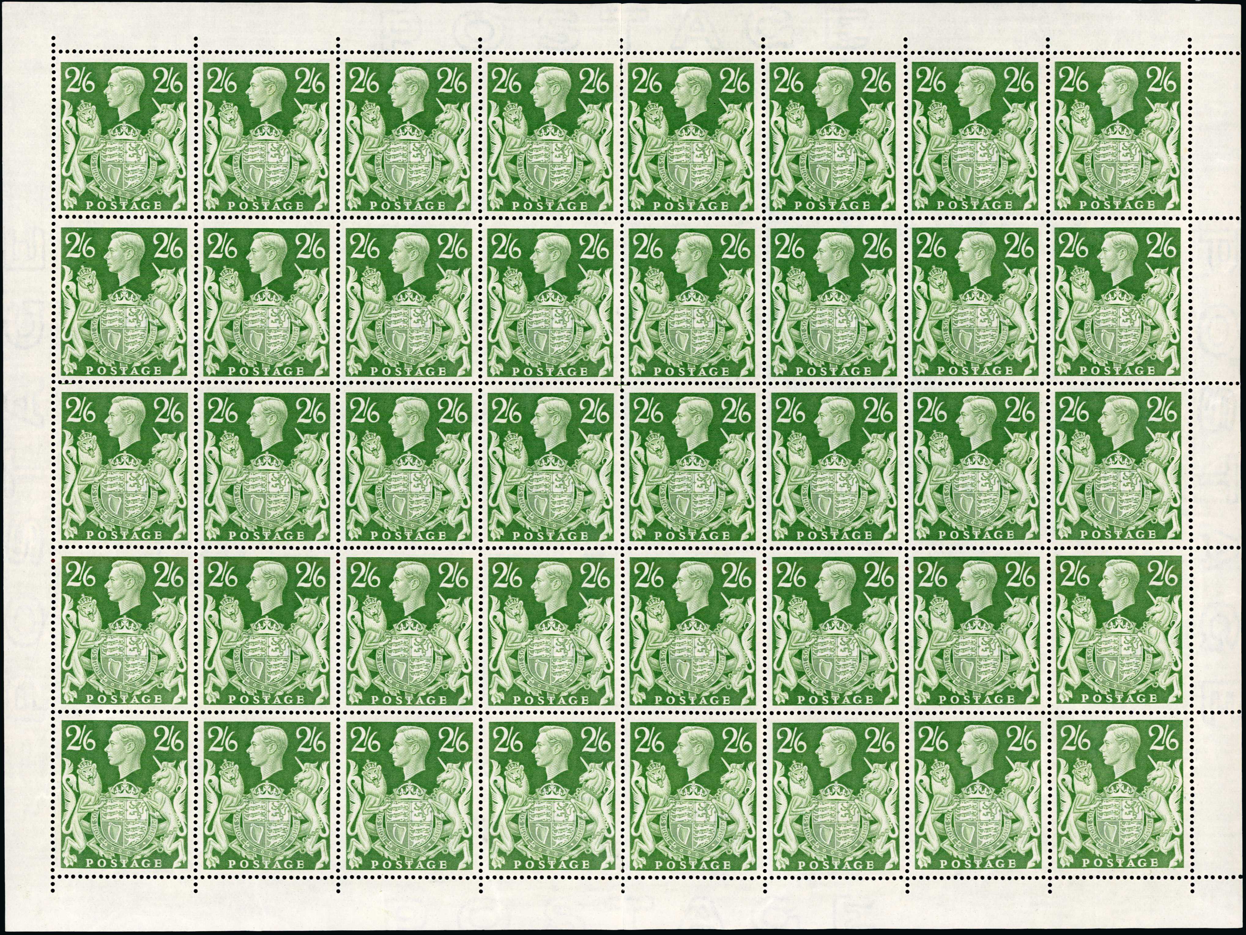 1942 2s6d Yellow-green mint sheet (SG476b)