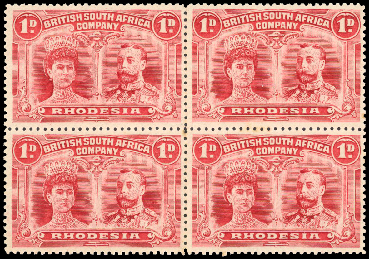 Rhodesia 1910-13 1d rosine perf 14 block of 4