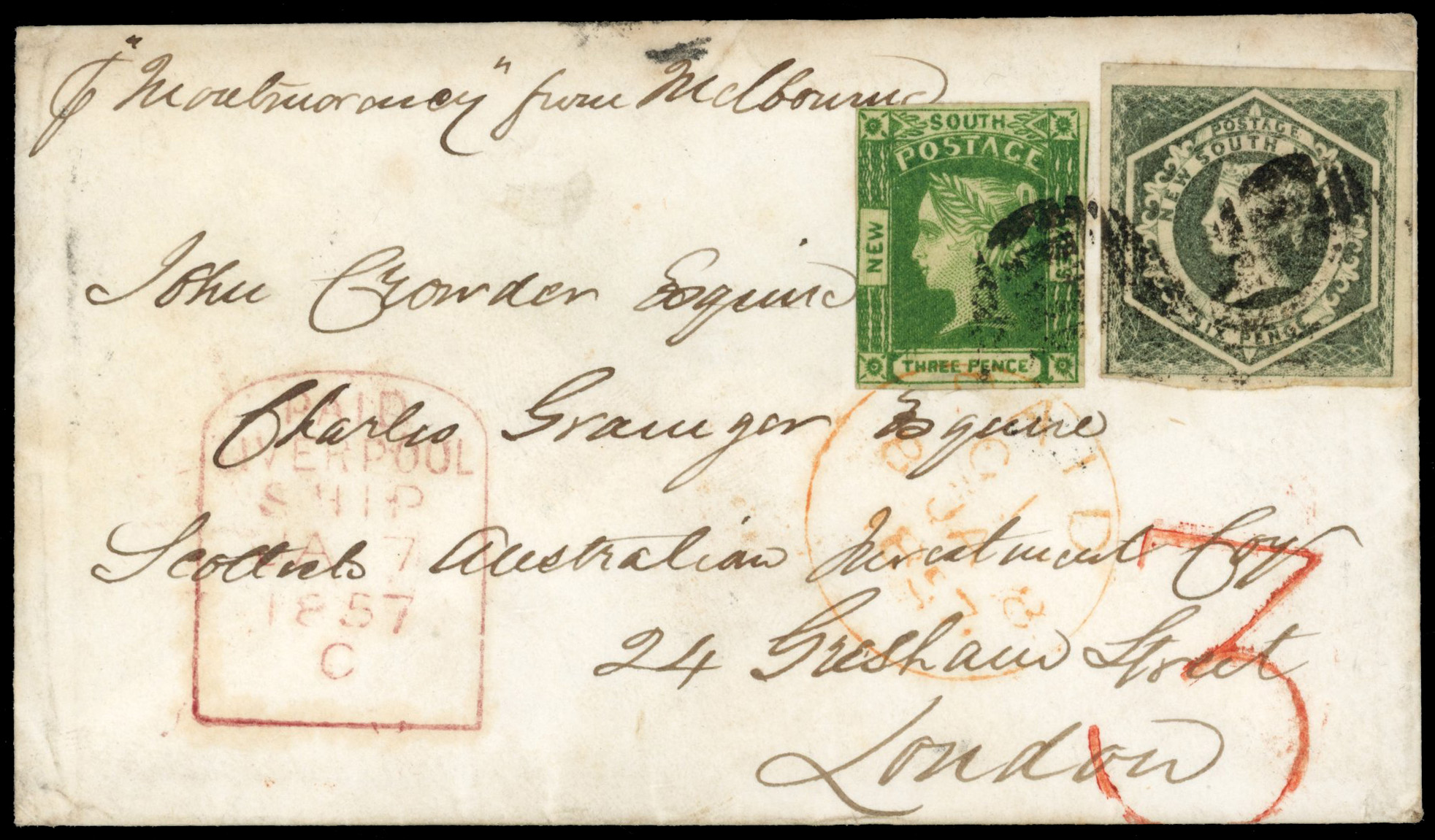New South Wales 1857 cover to London Laureated 3d and Diadem 6d