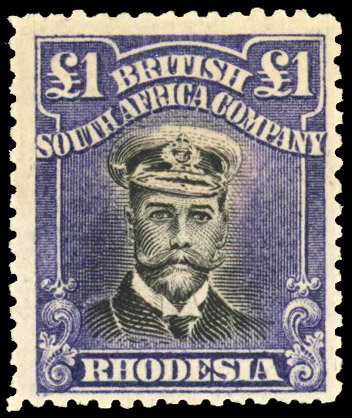 Rhodesia 1917-20 £1 deep black and violet-indigo die IIIA perf 14