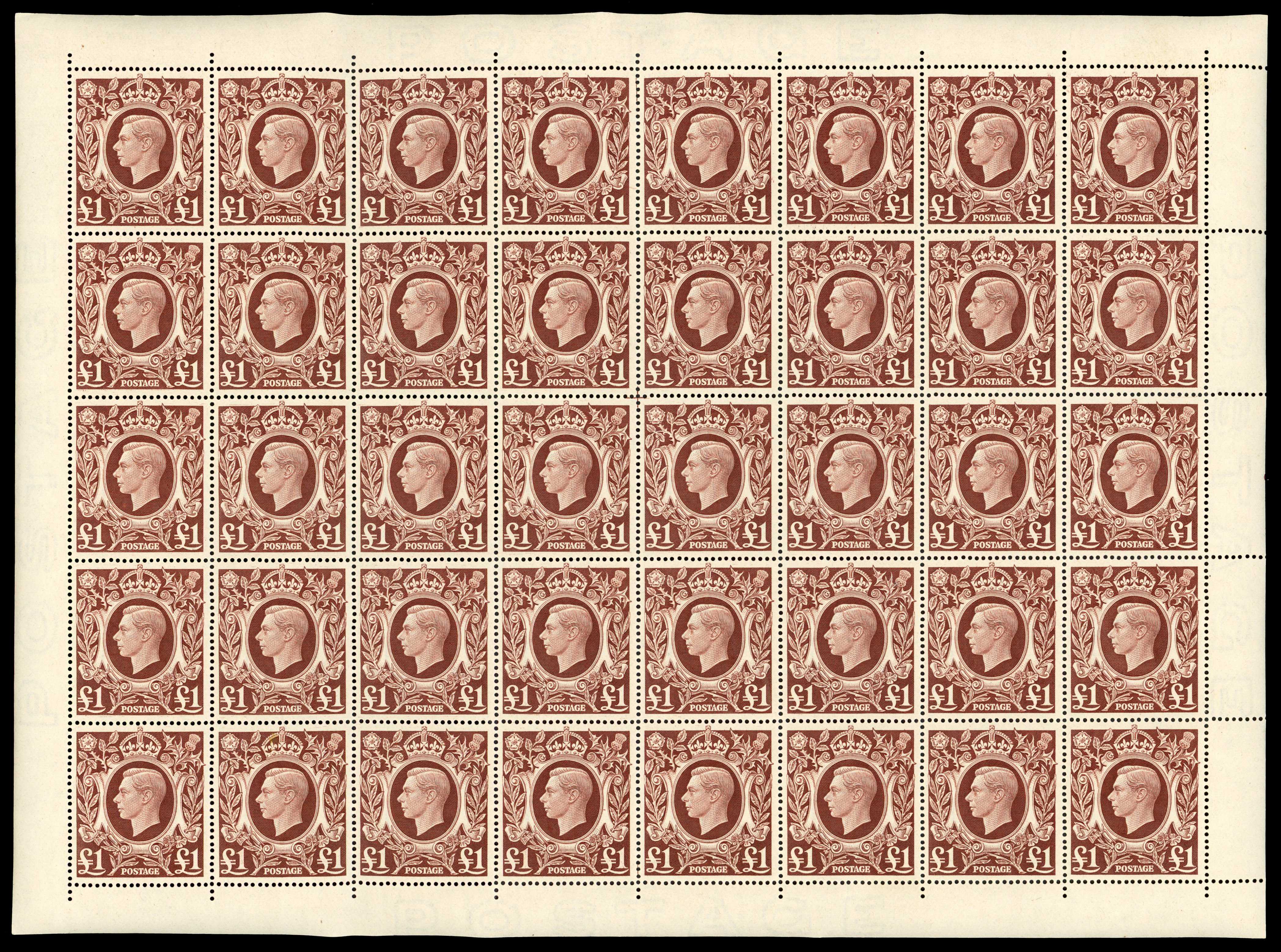 1939-48 £1 brown complete sheet of forty, SG 478c