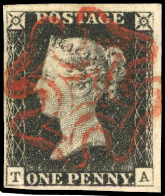 GB: 1840 1d black, Plate 9, (TA) four margins, crisp, central, red MC SG 2
