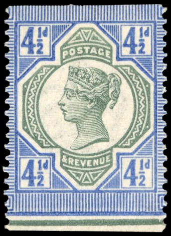 GB 1887-92 4½d colour trial, head plate in grey-green and duty plate in deep blue, For SG 206