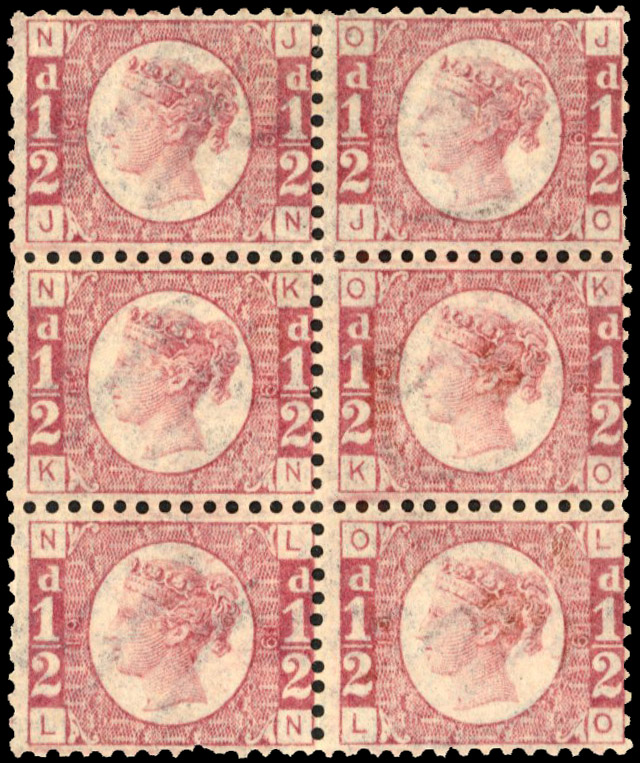 1870 ½d rose-red block of six, Plate 19...