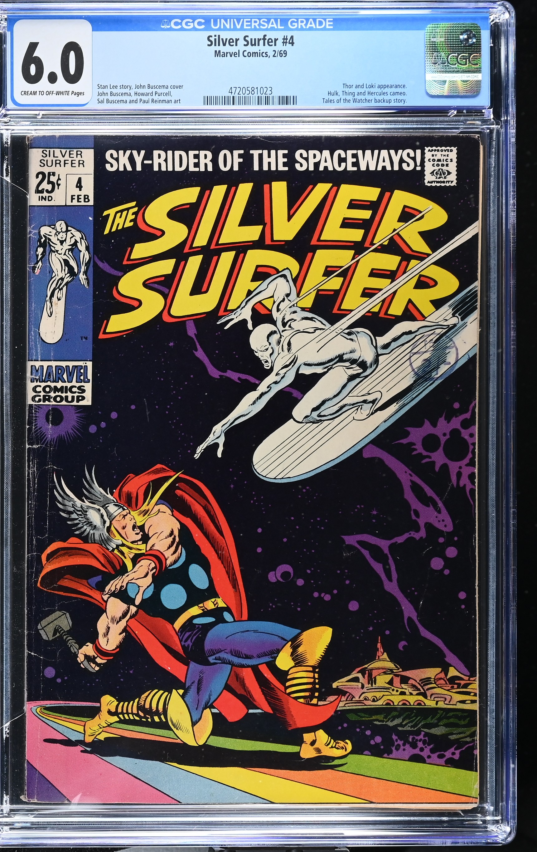Silver Surfer #4 CGC 6.0 Iconic Cover of 1st Silver Surfer vs. Thor (Marvel Comics, 1969) Cream to Off-White Pages