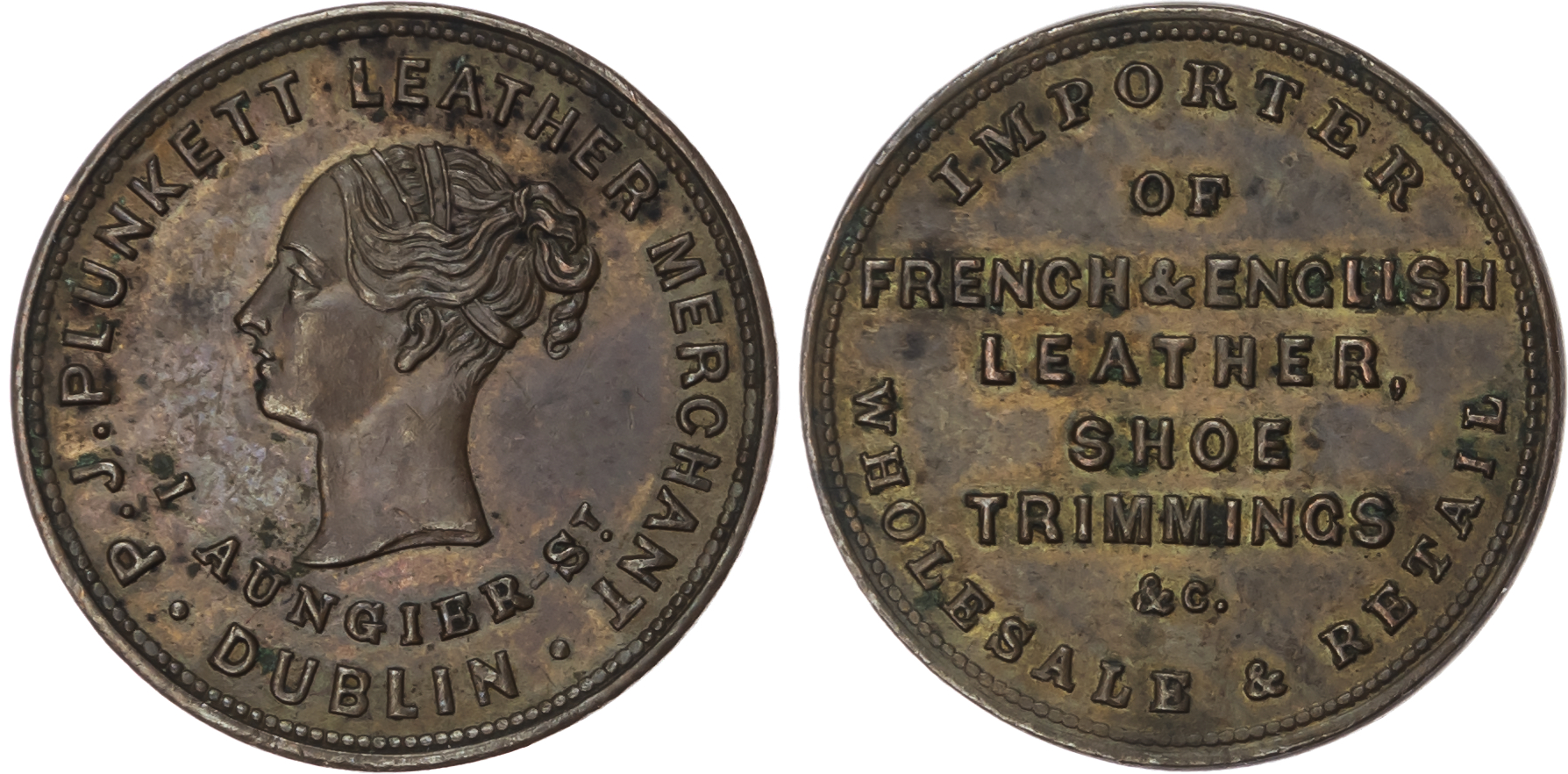 Dublin, P J Plunkett (leather cutter and trimmer ) farthing (1847), 21.5mm (W 6200) . Good Extremely Fine, ton…