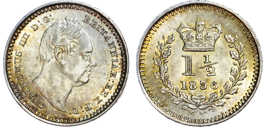 William IV (1830-1837), Three–Halfpence (2): 1834; 1836.