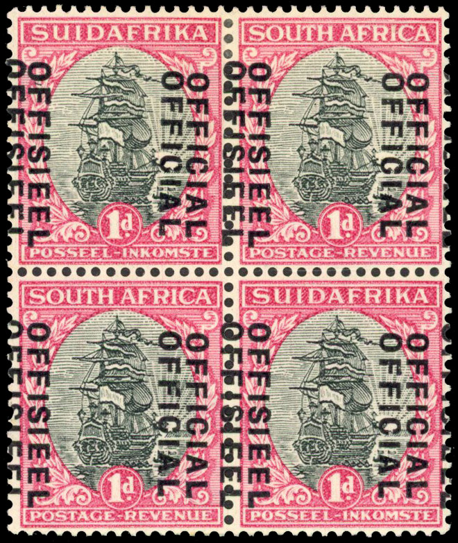 South Africa 1930-47 official 1d black and carmine error overprint double block of 4