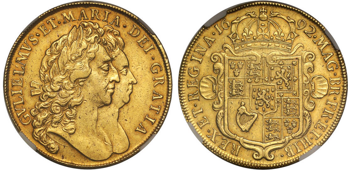 William and Mary (1689-1694), Gold Five Guineas, 1692. NGC XF45