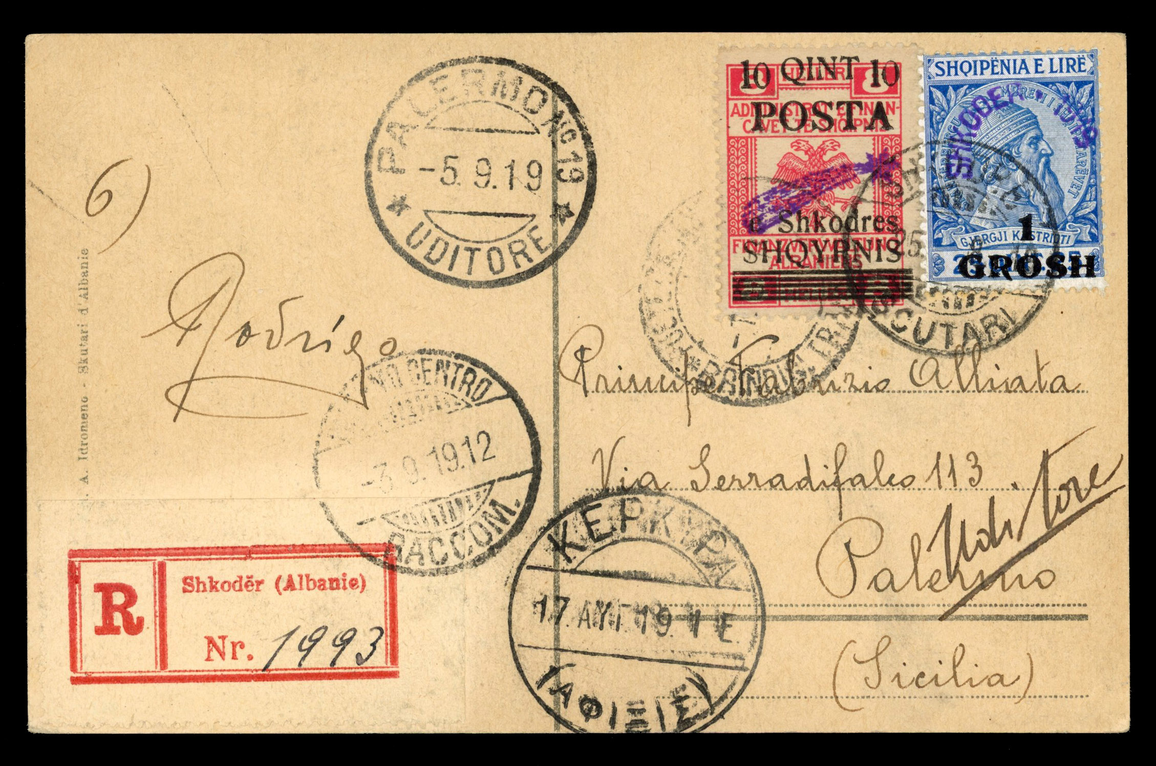Albania 1919 registered picture postcard Shkoder to Palermo, Sicily