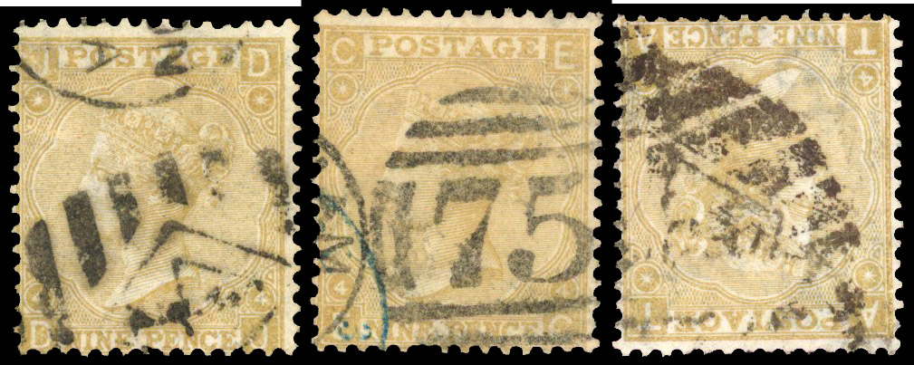 1865 9d Bistre Pl.4 (SG98, Wmk. Emblems). Used trio of this difficult issue 
