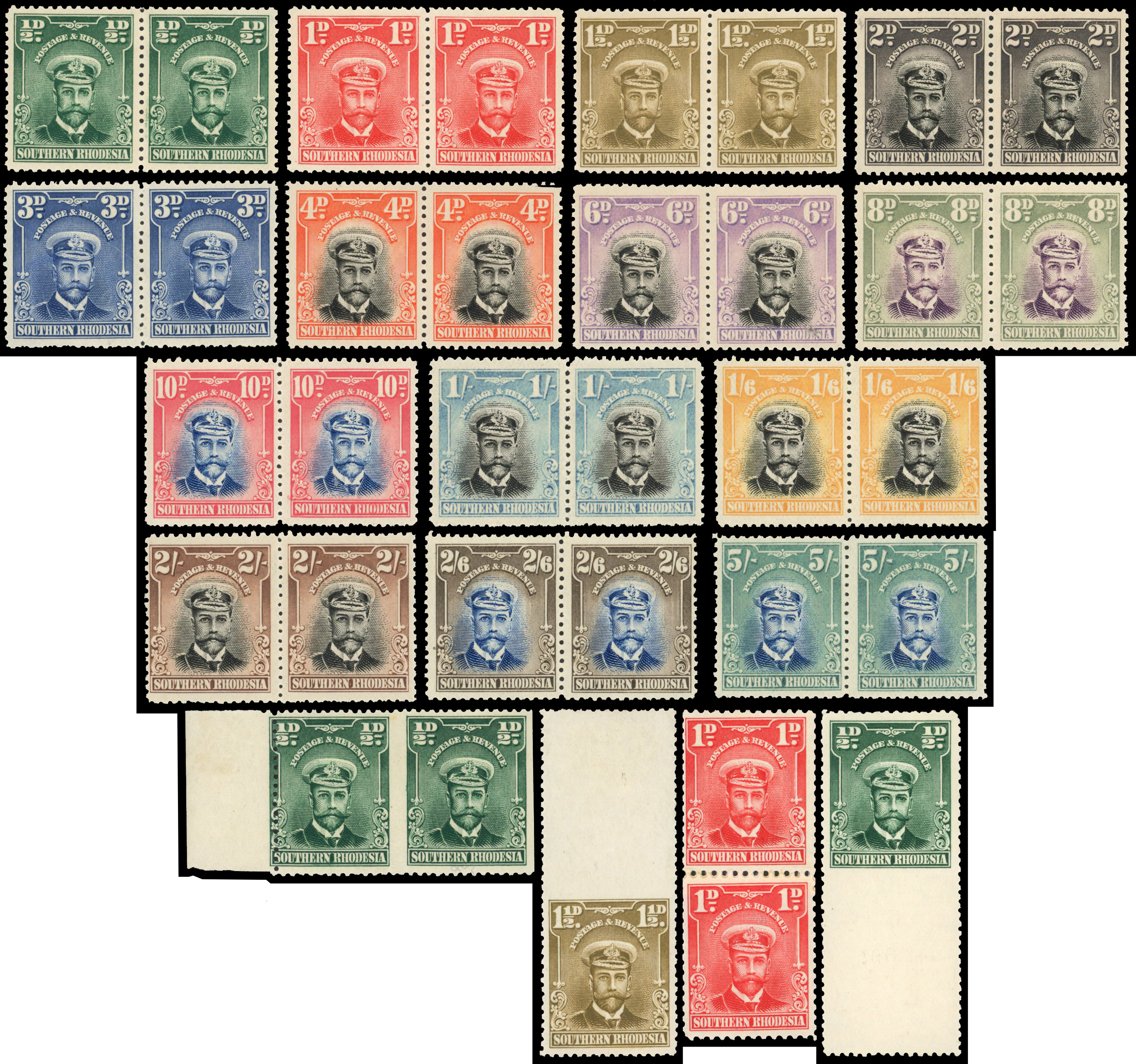 Southern Rhodesia 1924-29 Admirals set of 14 in horizontal pairs & blocks S.G. 1/14