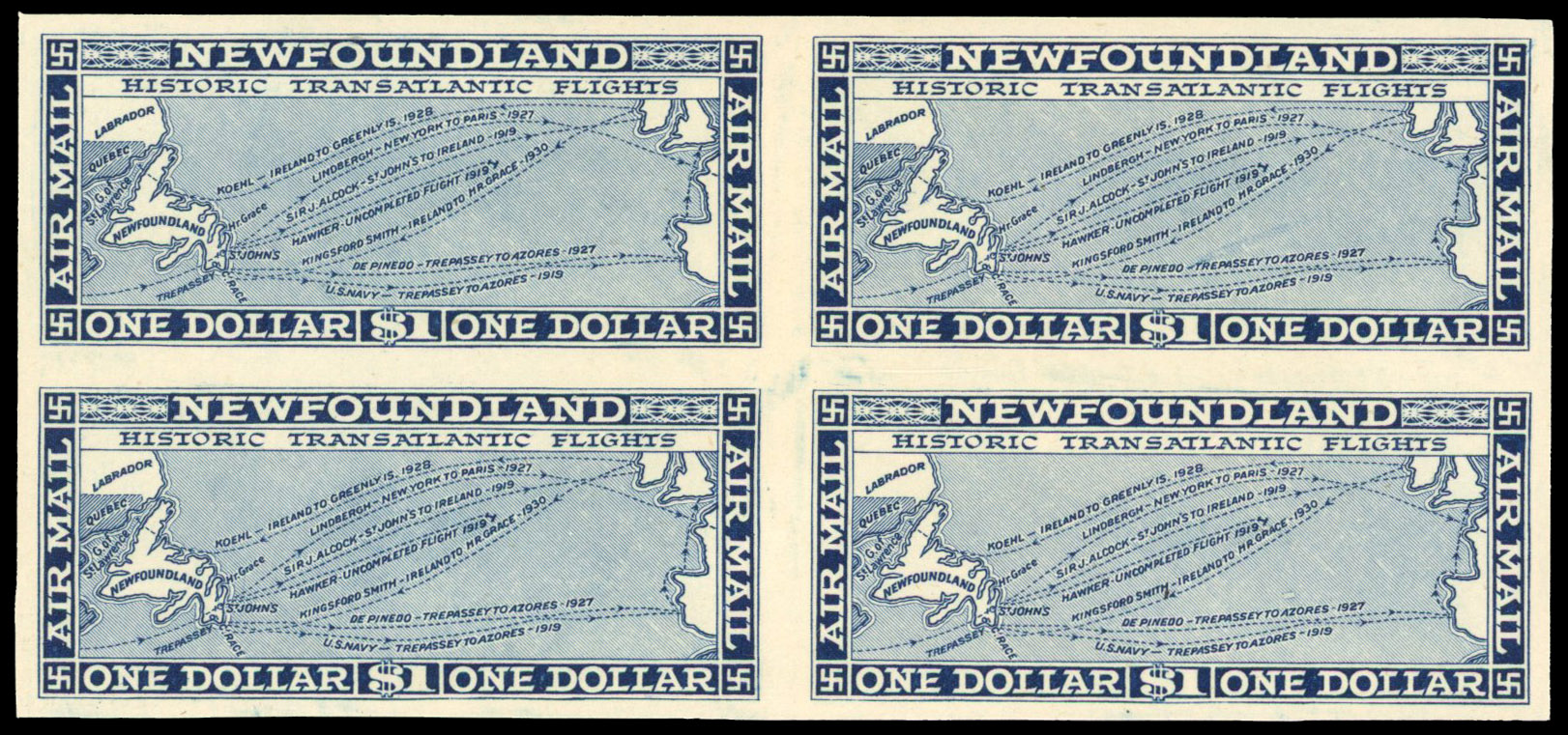 Newfoundland 1931 Air $1 no watermark imperf block of 4