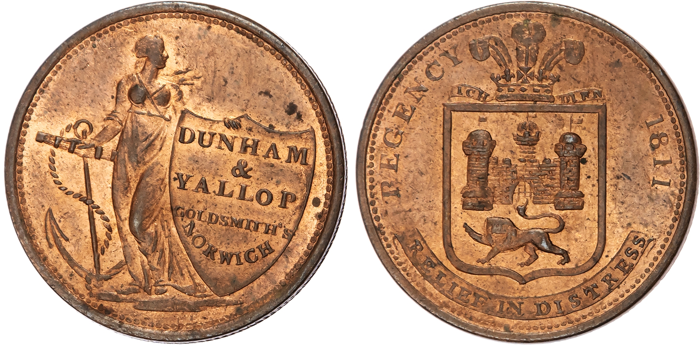 NORWICH , Norf. Dunham & Yallop (goldsmiths and jewellers) Halfpenny 1811, Hope standing holding an advertisem…
