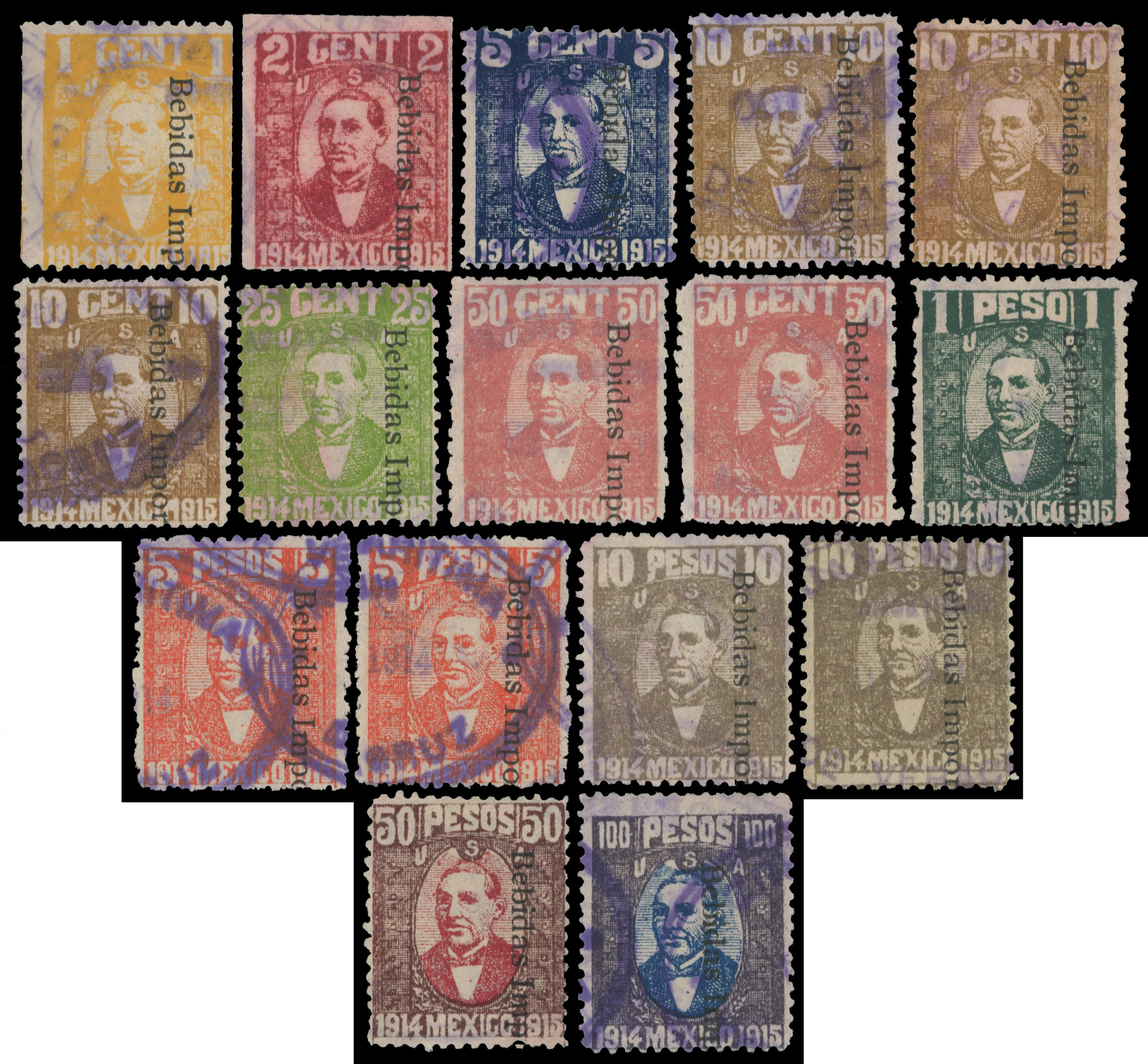 US Occupation of Vera Cruz Mexico 1914-15 Juarez issue used to 100 pesos cat $2000