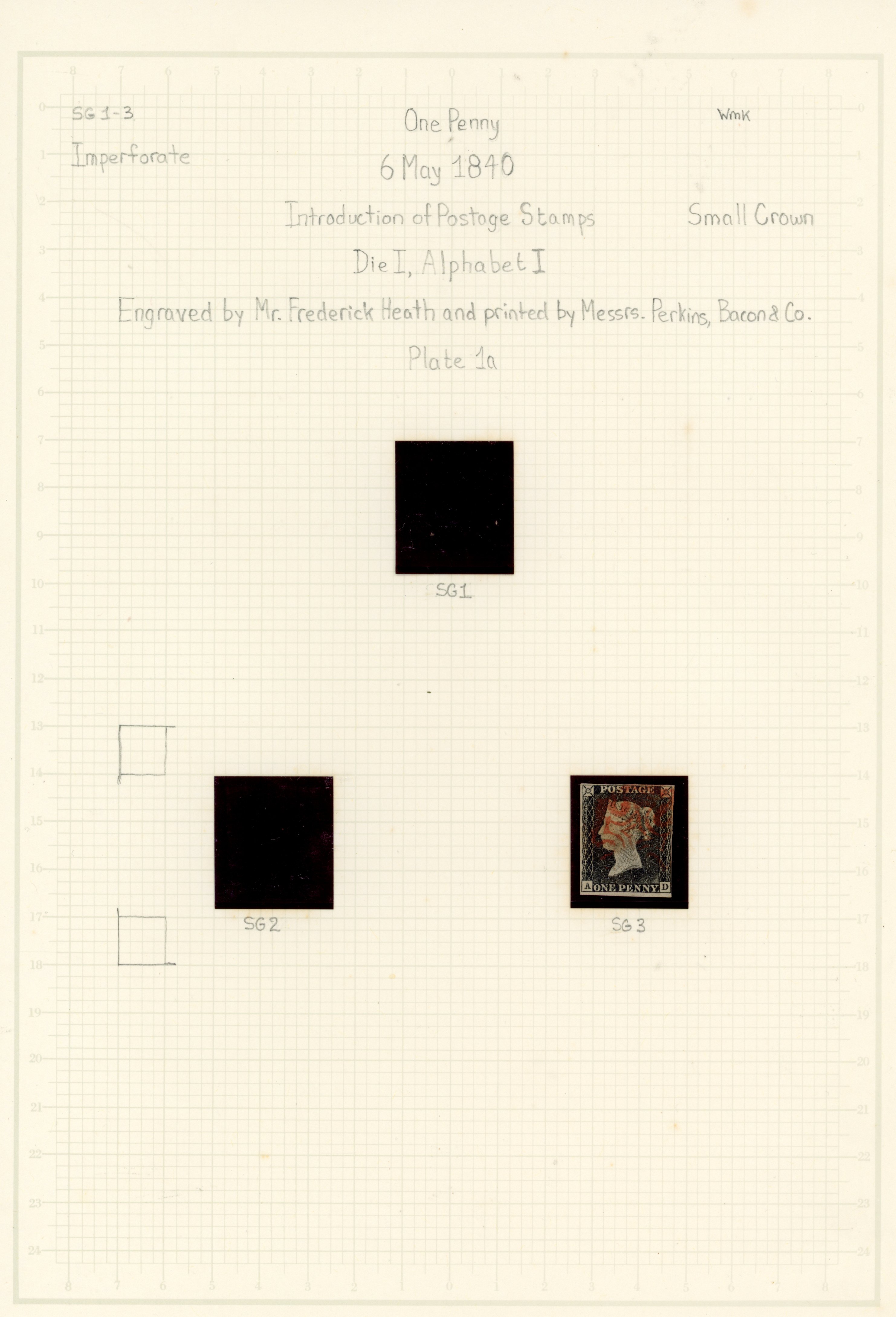 GB 1d blacks and reds from black plates, collection on leaves