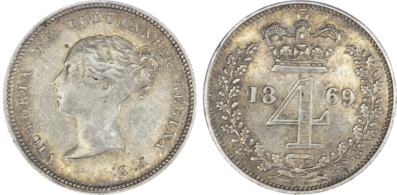 Victoria (1837-1901), Maundy set, 1869, Four, Three, Two and One Pence, young head left, legend and toothed border