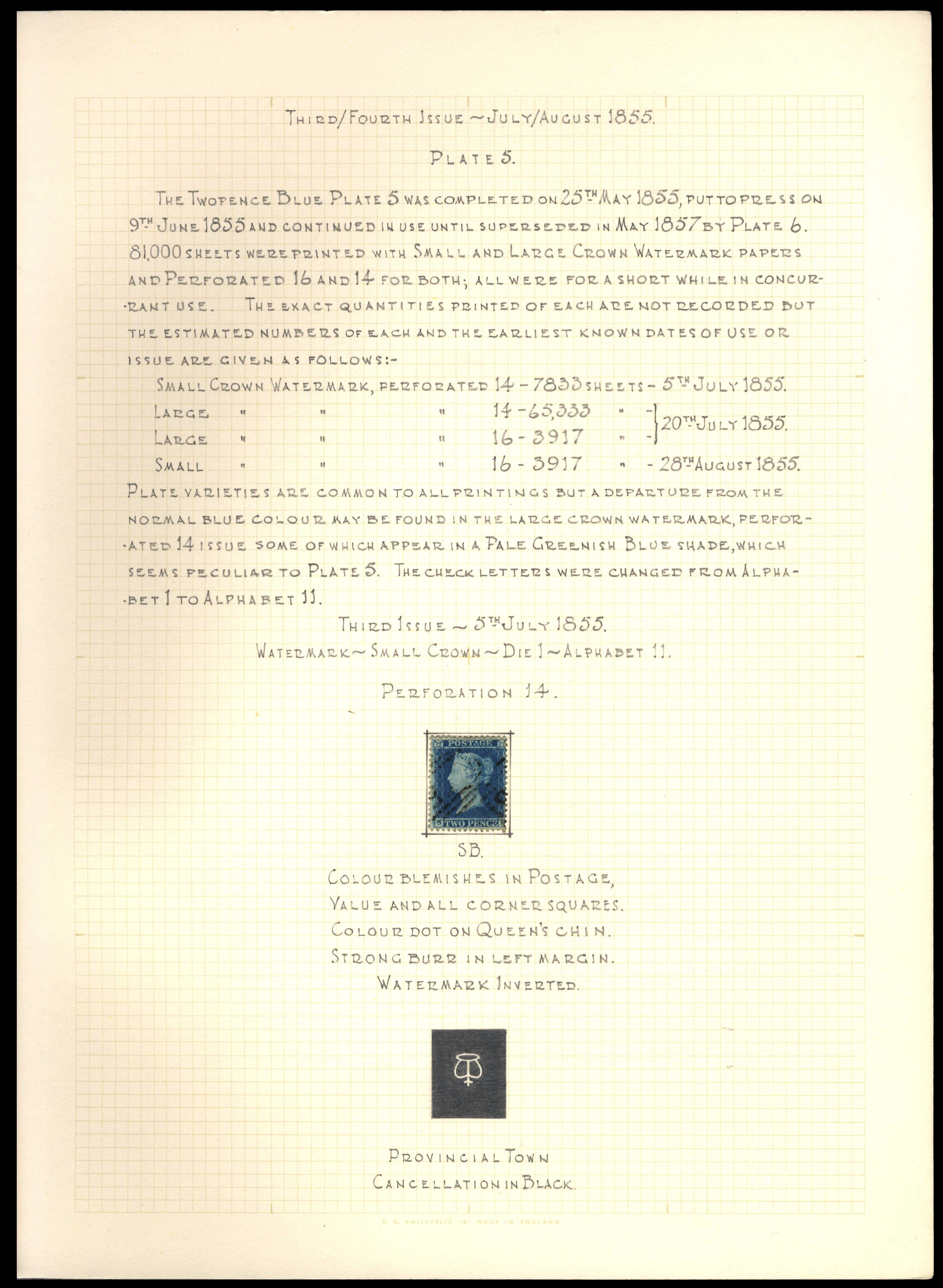 GB 1855 2d blue Plate 5 SG 23a Small Crown perf 14 collection
