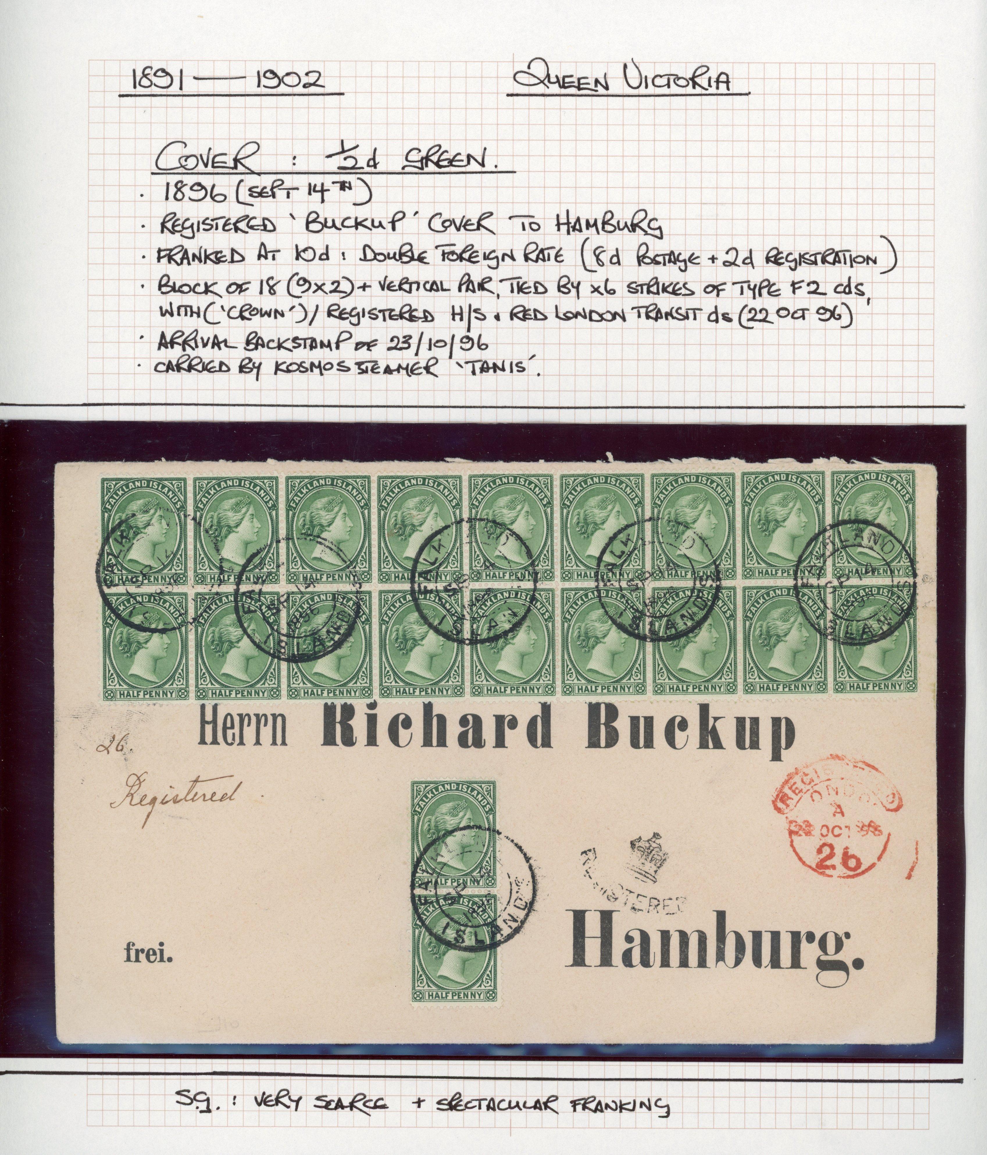 Falkland Is SG 16 1896 registered cover to Hamburg with ½d x 20