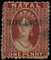1876 1d rose with seriffed POSTAGE overprint inverted lightly used, some blunt perfs but very scarce.  SG 81a,...