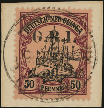 New Guinea 1914 5d on 50pf, 6mm space from setting VI.3, on piece, Rabaul cds SG 10 Used 