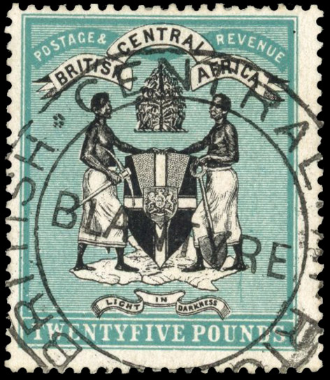 Nyasaland SG 31 1895 £25 black and blue-green fiscally used