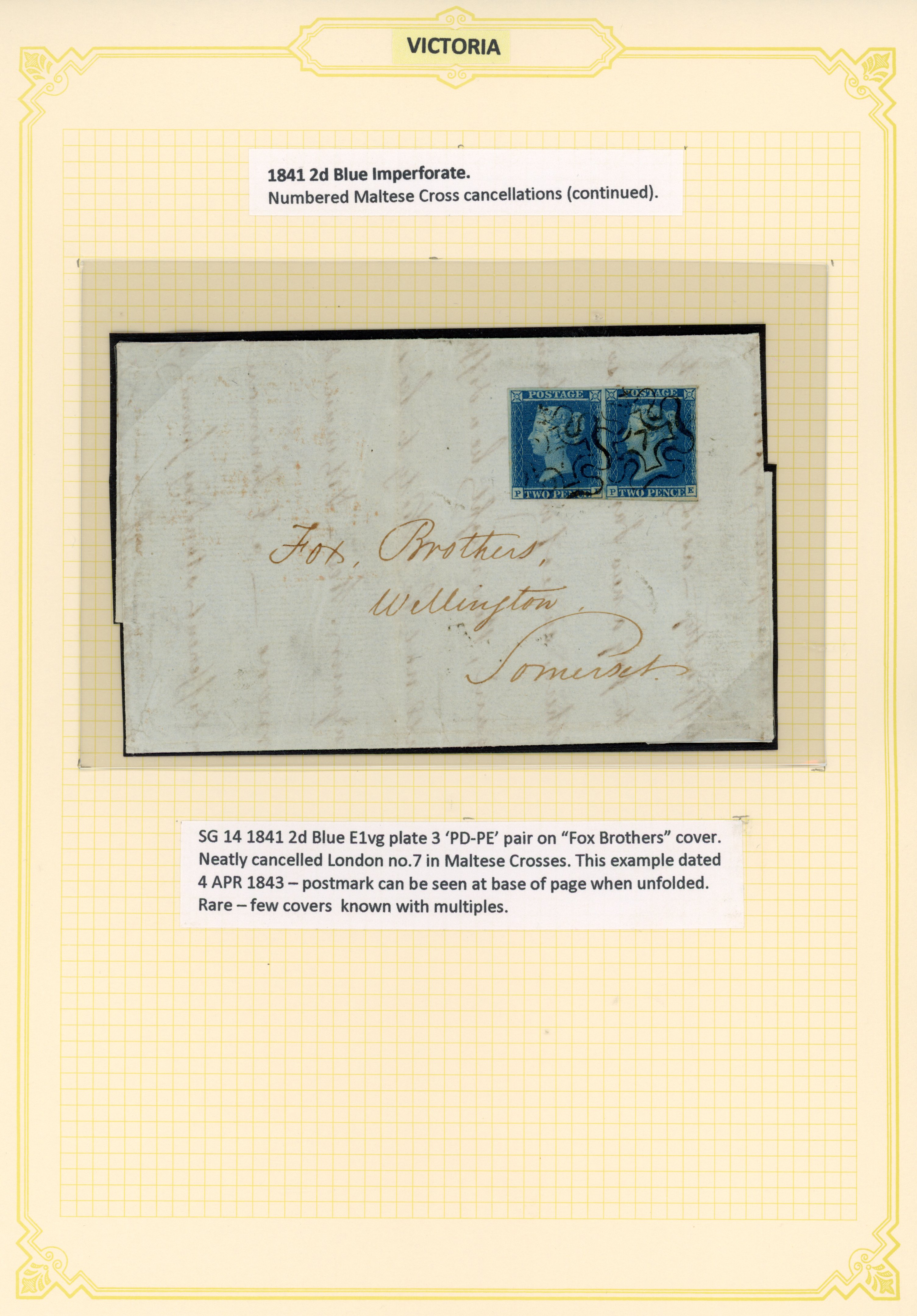 1841-51 2d blue, plate 3 (PD-PE), with close to good margins, tied to 1843 (4 Apr) entire, cancelled with ‘7’ in MC